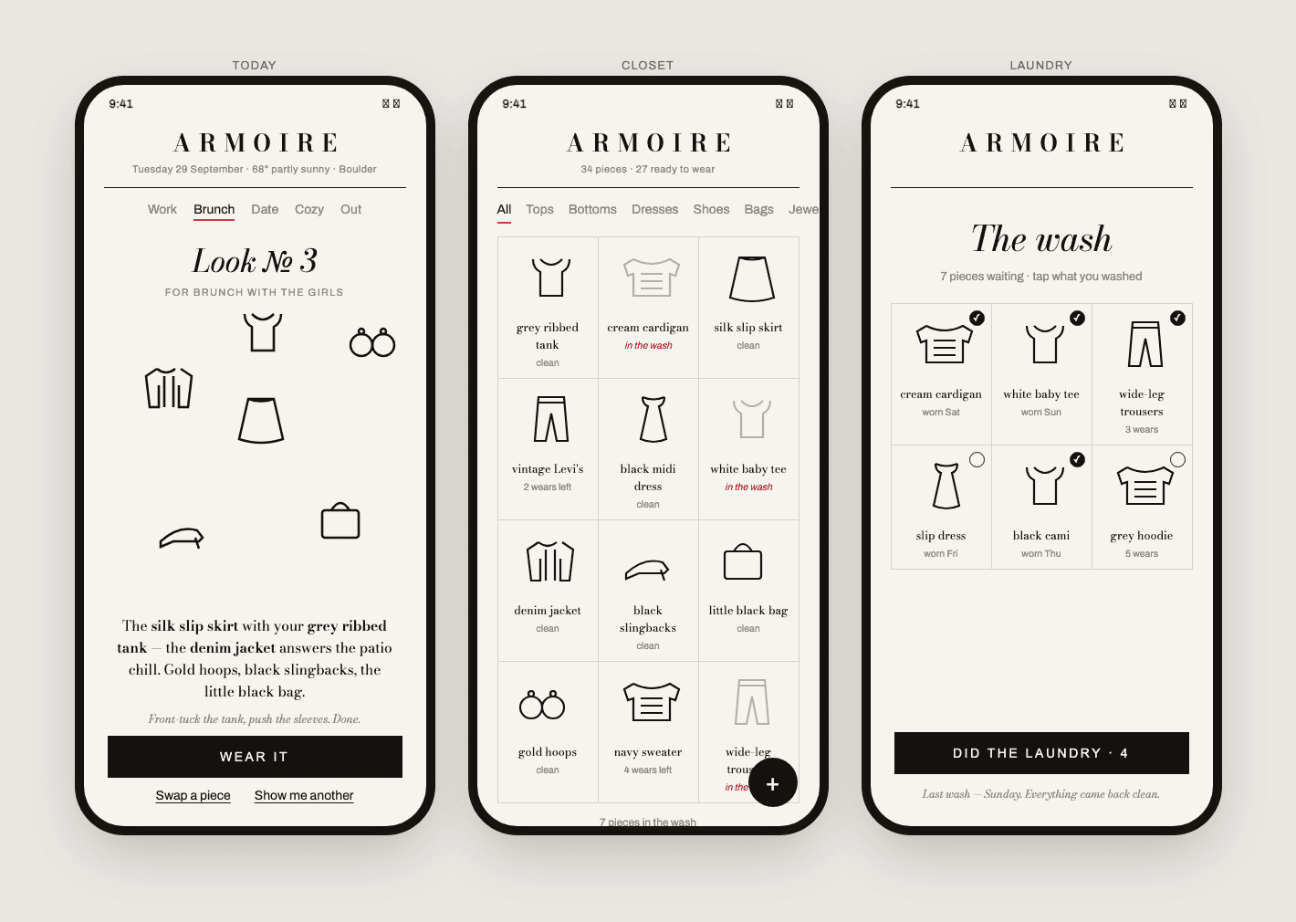 Design mockup of the Today, Closet and Laundry screens