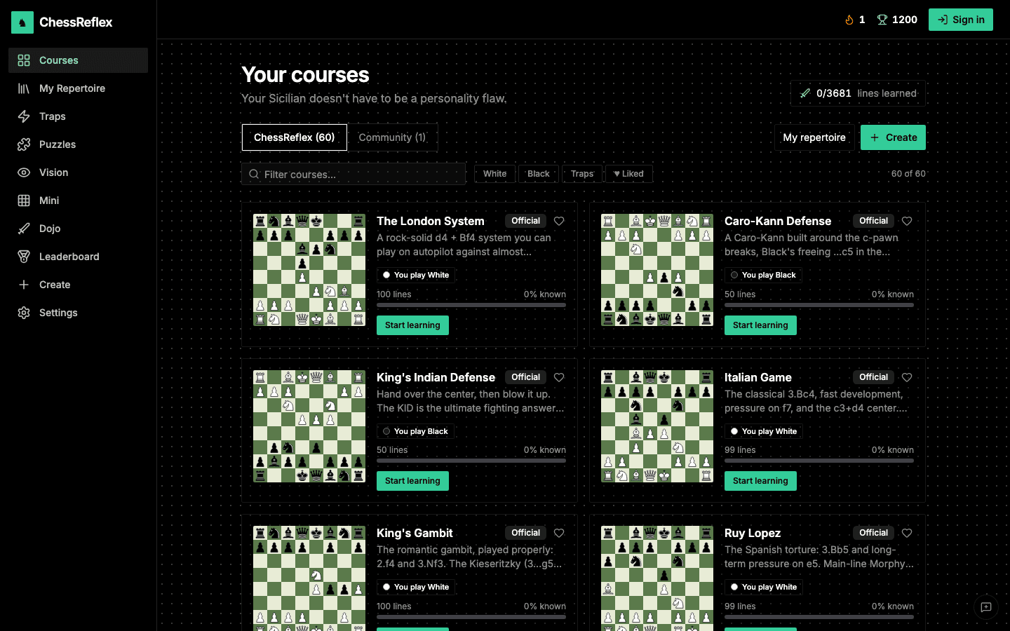 The course library. Each course shows how many lines it has and how much of it you know.