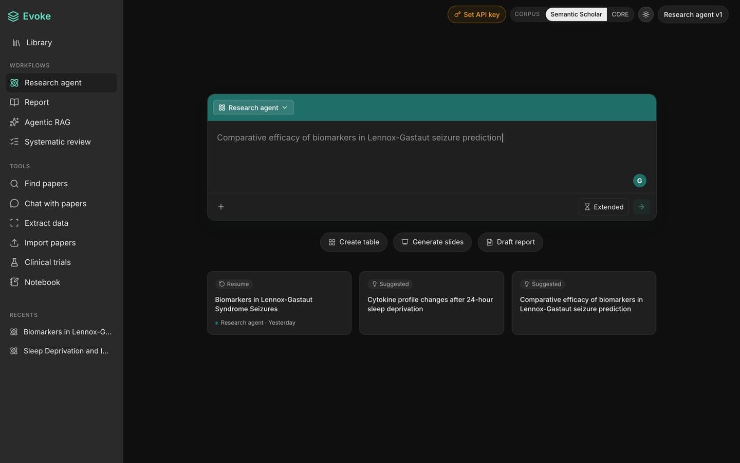 Evoke research agent home screen