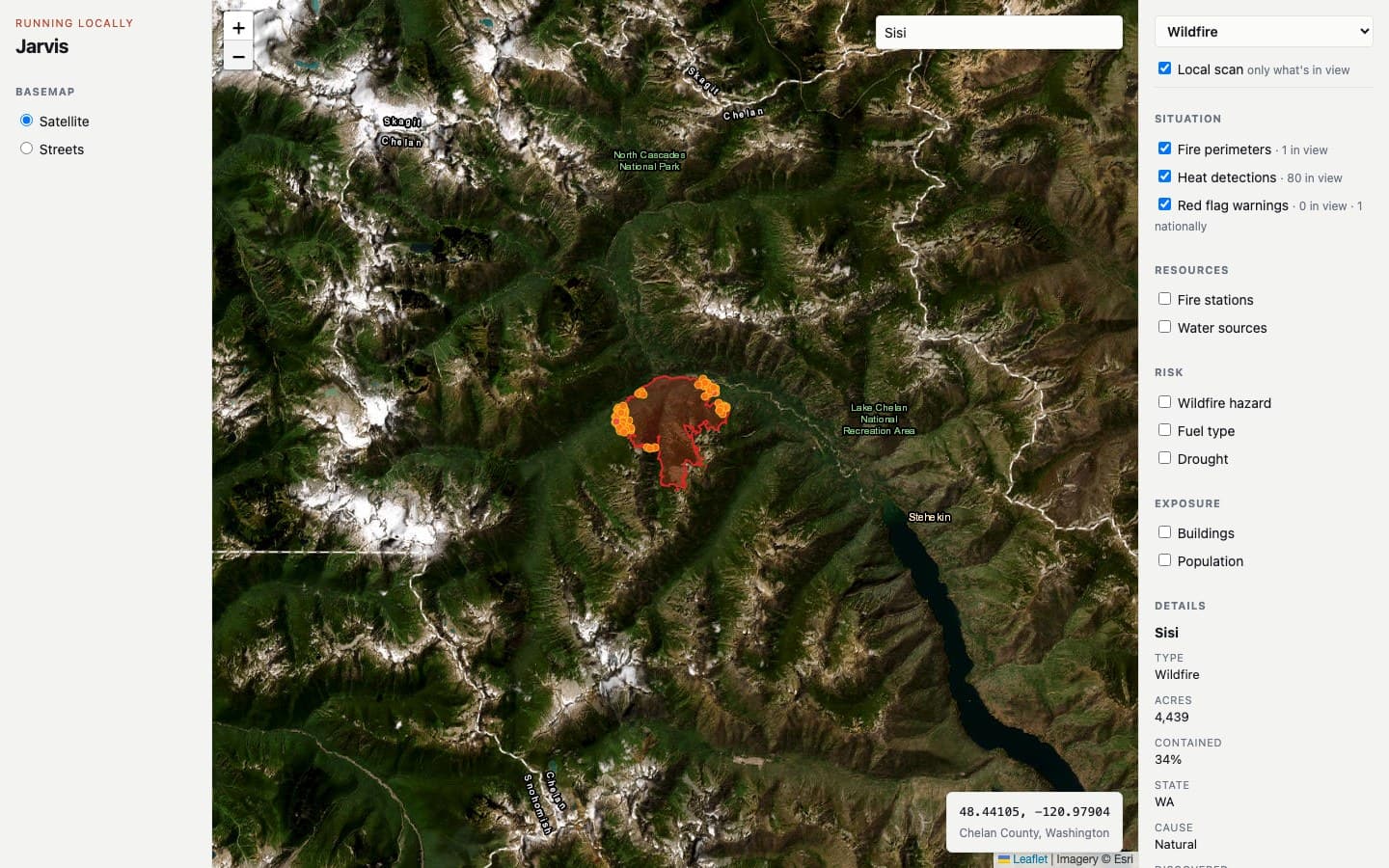 The Sisi fire in Washington's North Cascades on October 11, 2026: its perimeter, satellite heat detections, and the details panel after a fire name search