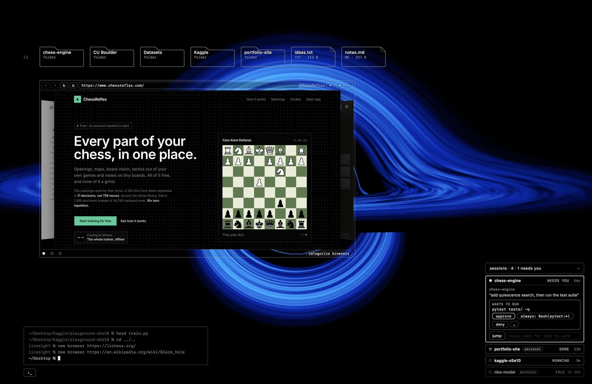 The overlay with a folder row, the docked browser, the command readout, and a Claude Code session waiting for approval