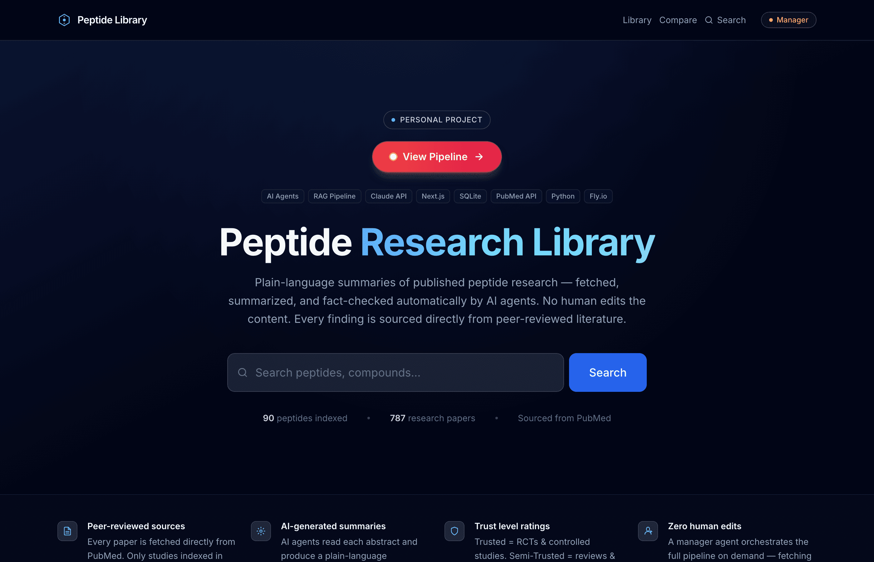 Home: the peptide grid with category filters.